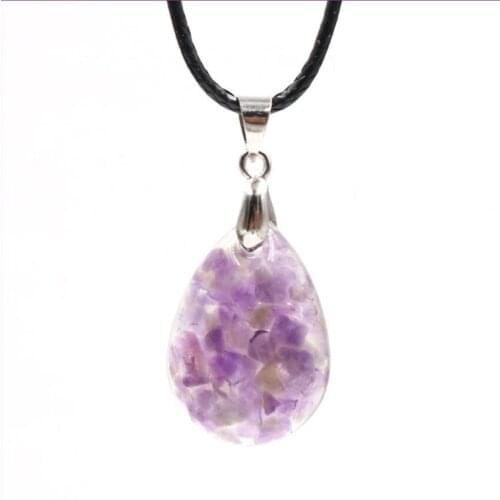 FYJS Unique Silver Plated Water Drop Amethysts Pendant Resin Necklace Tourmaline Stone Jewelry