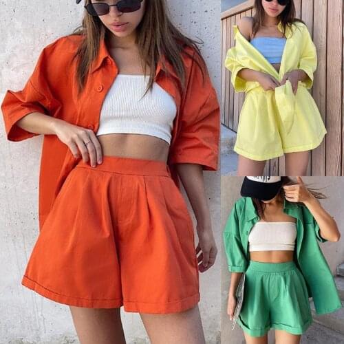 Puloru New Causal Summer Solid Color Two-piece Shorts Sets Women Streetwear Turn-Down Collar Half Sleeve Shirt+Flare Shorts