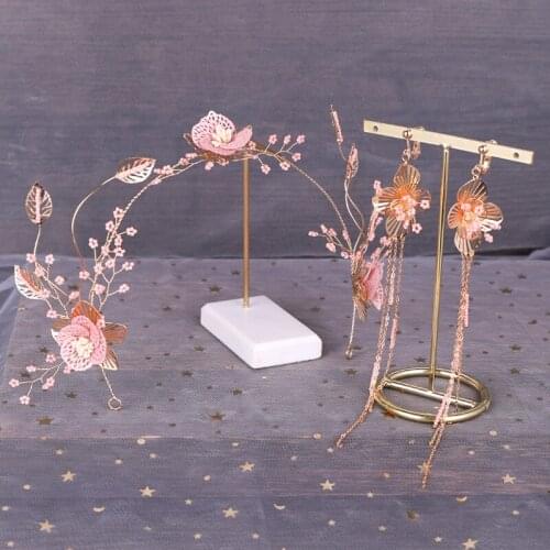 Pearl Headbands & Earring Set Wedding Hair Accessories Bridal Headpiece Tiara Pearl Hair Ornament Girl Gold Flower Jewelry Set