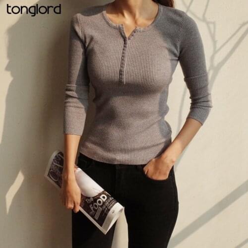 Korea Retro Sweater Top 2021 Autumn Single-Breasted O-neck Knitted Shirts Female Long Sleeve Striped Slim Solid Crop Top Elastic