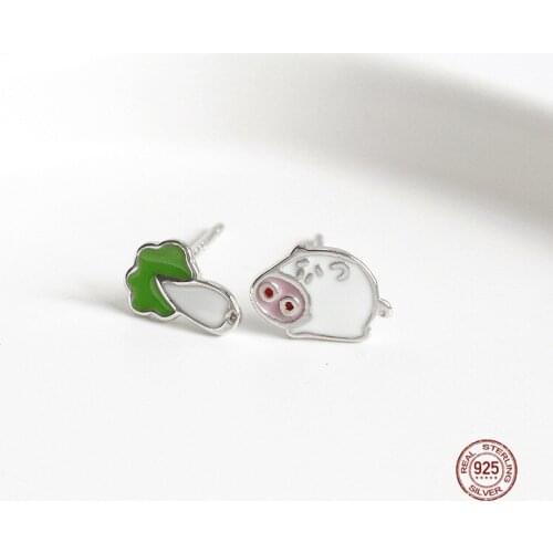 LKO 925 Sterling Silver Chinese Cabbage Pig Stud Earring Enamel Glaze Cute Animal Vegetables Hypoallergenic Earrings For Women
