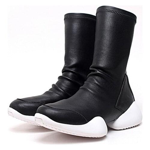 Men Sock Shoes Mid-Calf Boots Flock Luxury Trainers Riding Winter Casual Sneakers Lovers Flats Shoes Black Plus Size 45 Boots