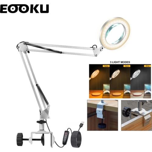 EOOKU 8W Table Lamp USB LED Light 5X Magnifying Glass Desktop Clip Three-Color Professional Reading/ Repair /Beauty