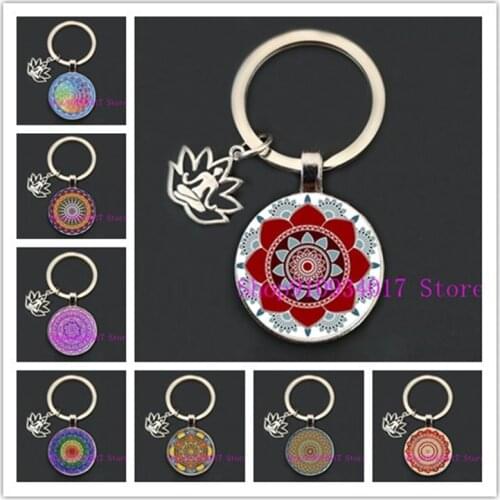 2021 new mandala flower of life round glass keychain classic buddhist sacred geometry men and women round glass keychain