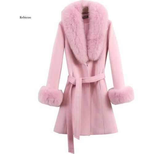 New Women Fur Woolen Coat Knee Mid-Length Korean Fashion Big Fur Collar Beautiful Cloak Red Pink White Camel