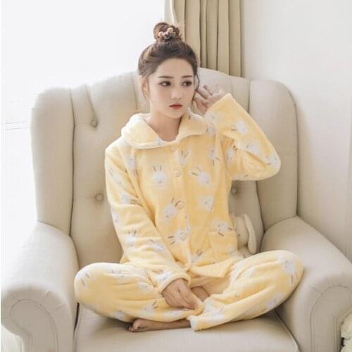 Autum and winter women flannel pyjamas full length pijama mujer fleece women' pajamas warm long sleeves cute women clothing