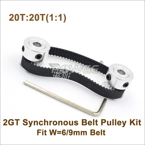 POWGE 20 Teeth GT2 Timing Belt Pulley Kit Speed Ratio 1:1 20T:20T 2M/2GT Reduction Synchronous Pulley For W=6/9mm 160-2GT Belt