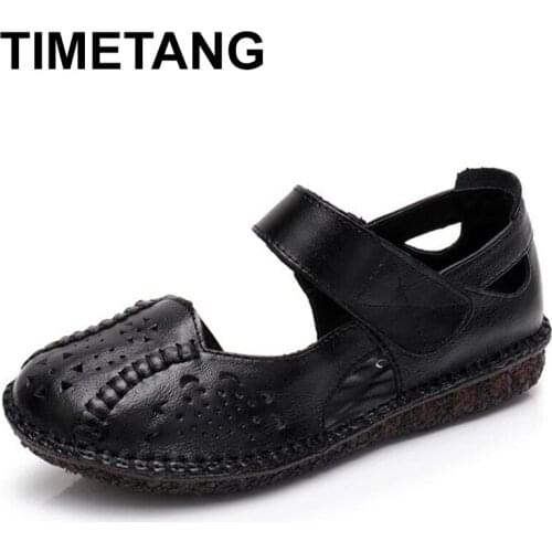 TIMETANG Womens shoes summer leather casual sandals non-slip wear flat shoes shallow mouth comfortable Solid color single shoes