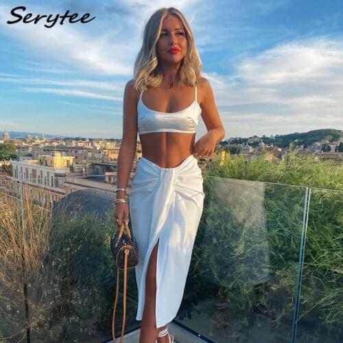 Serytee Women Sexy White Two Piece Set Strap Crop Top And Ruched Split Wrap Skirt Beach Party Outfit Matching Set Vintage Party