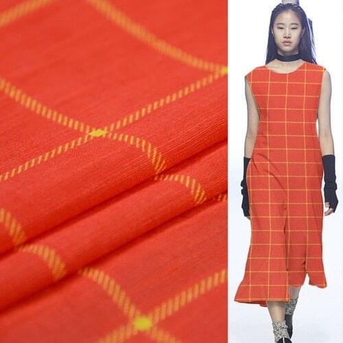 Silk linen blended fabric yellow gingham plaid print on red bottom 55" width 16momme by yard,SLN084