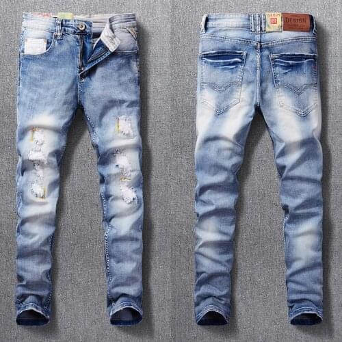 Streetwear Fashion Men Jeans Retro Light Blue Destroyed Ripped Jeans For Men High Quality Slim Fit Hip Hop Denim Punk Pants