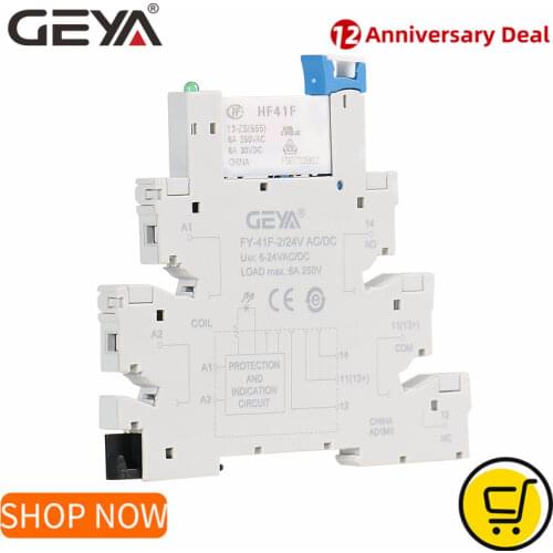 GEYA Slim Relay Module Protection Circuit 6A Relay 12VDC/AC or 24VDC/AC Relay Socket 6.2mm thickness 12V Relay