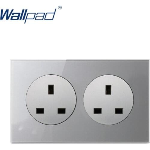 Wallpad Double 13A UK Socket British Standard Twin Panel Grey Crystal Tempered Glass Panel 3x6 146mm UK Standard