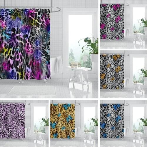 Leopard Butterfly Shower Curtains With Leopard Print Background Waterproof Mildew Proof Polyeste Bathroom Bathtub Curtains