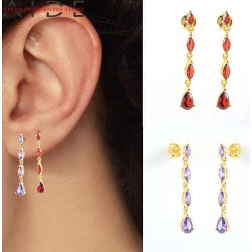 AIDE 925 Sterling Silver Horse Eye Diamond Pendant Stud Earrings For Women Fashion Purple Red Crystal Dangle Earring Oorbellen