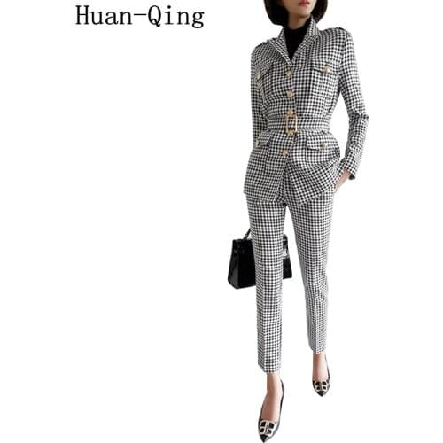 Korean Business Plaid Suit Office Lady Houndstooth 2 Piece Set Autumn Womens Long Sleeve Belt Blazer Coats + Pants Two Piece Set