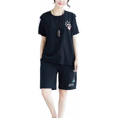 2019 New Summer Cotton Two-piece set Women Casual Short sleeve Tees Top and Elastic waist Shorts Suits Female Plus size 5XL G484