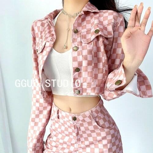 2 Pcs Spring Summer Women Harajuku Pants Suits Cool Short Pink Plaid Print Crop Blazers Suit And Long Flare Pants Twinsets NS571