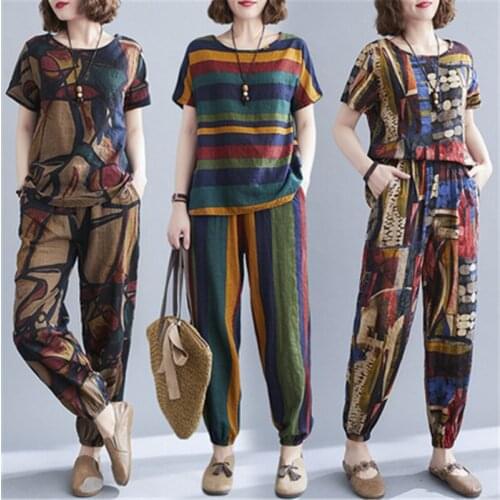 2021 Summer Fashion New Plus Size Women Clothing Round Neck Top + Nine-Point Harem Pants Floral Two-Piece Suit Trend H050