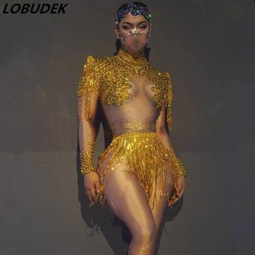 Sexy Latin Dance Tassel Bodysuit Costume Gold Silver Sequin Fringe Spandex Long Sleeve Stretch Leotard Women Stage Wear