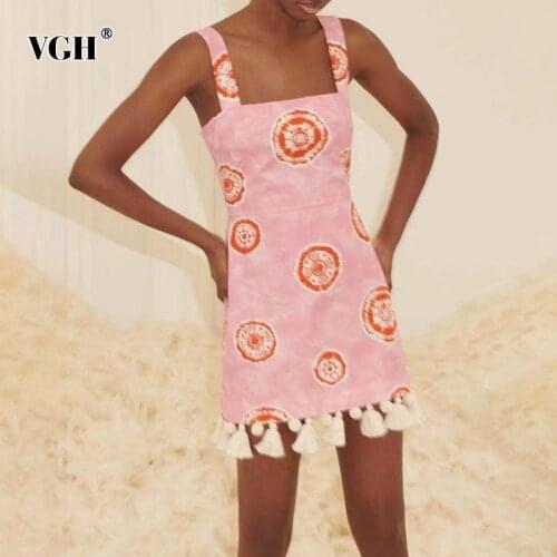 VGH Vintage Print Patchwork Sling Dress For Women Square Collar Sleeveless High Waist Mini Dresses Female Summer Fashion Stylish