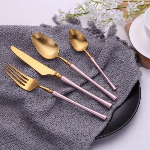 Gold Stainless Steel Cutlery Set Tableware Reusable Flatware Camping Utensils Spoon and Fork Set Portable Travel Dinnerware Set