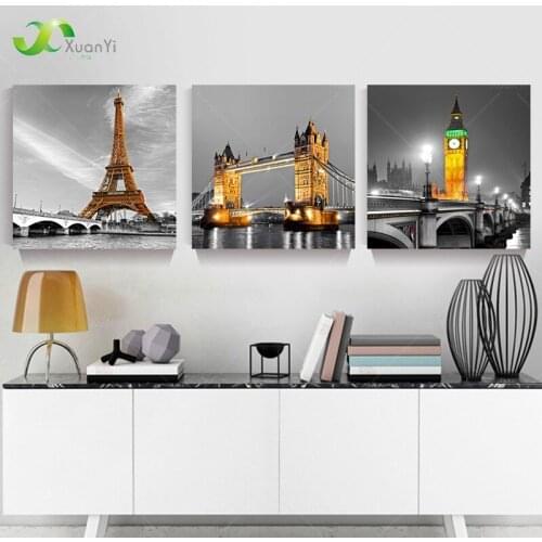 3 Panel Paris Effiel Tower Canvas Painting London Big Ben City Building Bridge Landscape Wall Art Modern Painting Unframed