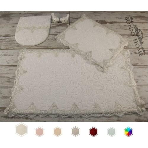 Bonny Home Pelus Luks Koseli -Plush Rectangle 3 pieces French Lace Bathroom Rugs Bath Mat Set Carpet Unslipped Base