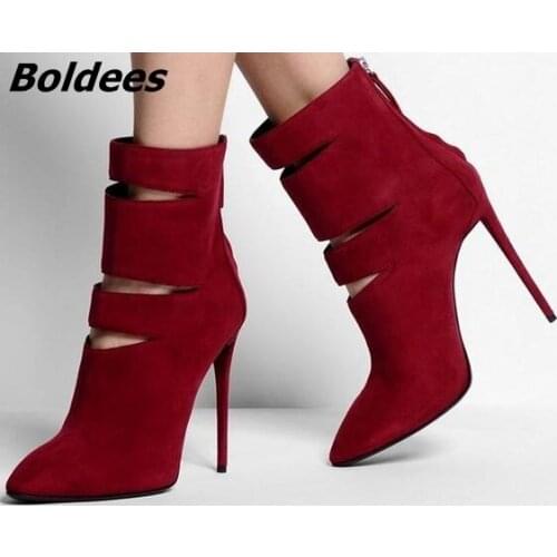 Concise Design Chic Burgundy Suede Stiletto Heels Ankle Boots Sexy Women Pointed Toe Cut-out Back Zip Sandal Booties PrettyShoes