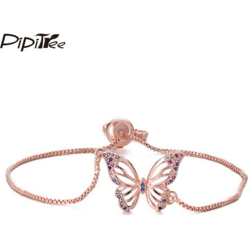 Pipitree Beautiful AAA Cubic Zirconia Butterfly Charm Bracelets Femme Rose Gold Color Adjustable Chain Bracelet Women Jewelry