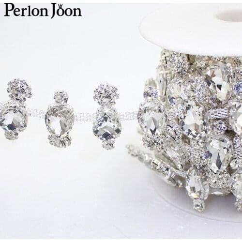 1yard big glass rhinestone applique trim silver crystal chain sewn on bridal wedding decoration accessories ML132