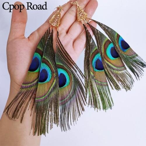 Cpop 3 Pieces Nature Long Peacock Feather Earrings Boho Ethnic Feather Tassel Statement Earrings Women Jewelry Accessories Gift