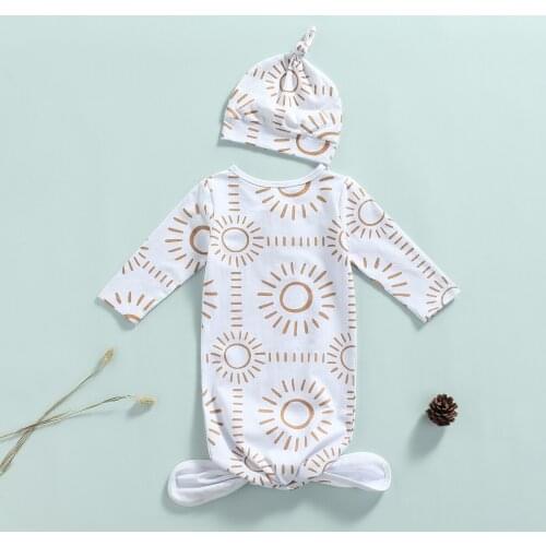 Wallarenear Baby Nightwear with Hat, Unisex Sun Print O-Neck Long Sleeve Sleepwear+ Cap for Kids, White, 0-1 Year