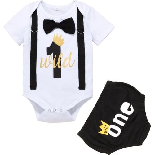 Infant Baby Boys Short Sleeves Bowknot Birthday Letter Print Romper Shorts Outfits Set Baby Outwear 12M Gifts Baby Clothing