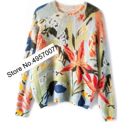 Elfbop High Quality Ladies Mohair & Wool O Neck FLower Intarsia Printed Knitted Jumper Top - 2020 Women Newest Knit Pullover Swe