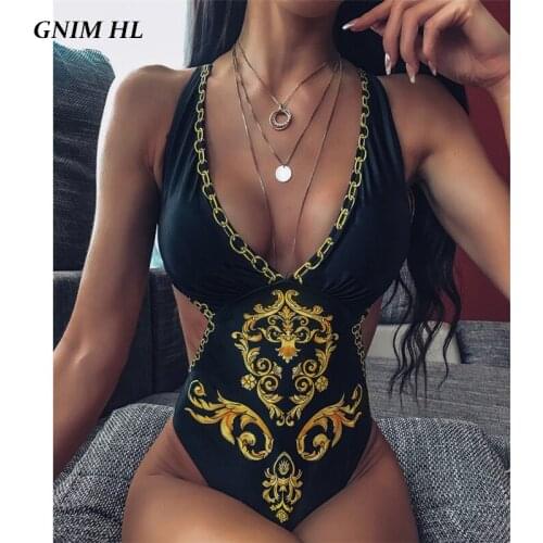 GNIM One-Piece Bikini Swimwear Women 2021 Sexy V Neck Print Swimsuit Female Summer New Backless Bathing Suit Brazilian Biquini