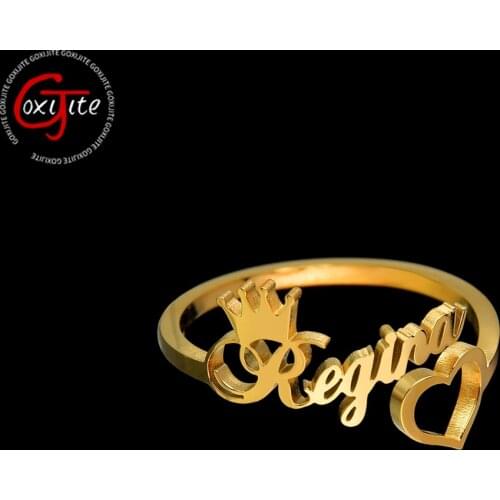 Goxijite Customized Name Hollow Heart Ring For Women Personalized Crown Initial Letter Name Adjustable Rings Best Jewelry Gift
