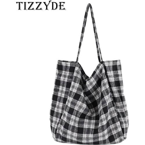 Korean version Simple Lattice Canvas handbag Wild High capacity Literary shoulder bag Student shopping bag handbag LYT396