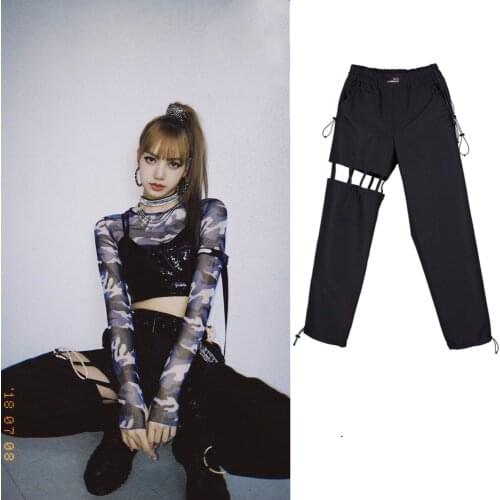 Kpop Korean summer new sexy short camisole vest Camo long sleeve shirt tops+black High waist Elastic pants women outfits