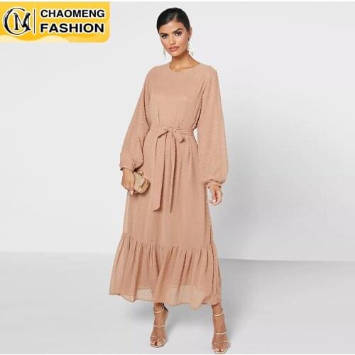 Hot Sale Middle East Fashion Muslim For Women Hijab Dress With Lining Tulle Polka Dot Maxi Robe Turkey Islamic Clothing Vestidos