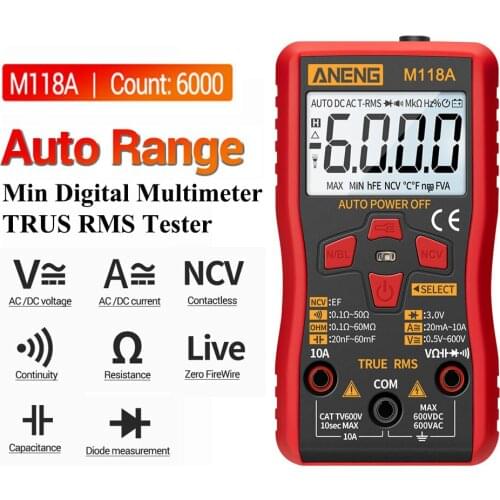 M118A Digital Mini Multimeter Tester True Rms Auto Range Mmultimetro Tranistor Meter with NCV Data Hold 6000counts Flashlight