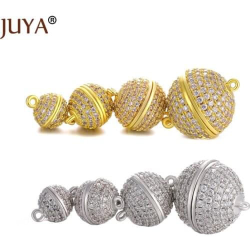 Juya 8/10/12/16mm Copper Connector Inlaid AAA Zircon Rhinestone Magnetic Ball Clasp Fasteners For DIY Making Beads/Pearl Jewelry