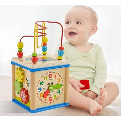 Multifunction Wooden Beads Shape Sorter Education Activity Cube Kids Toy