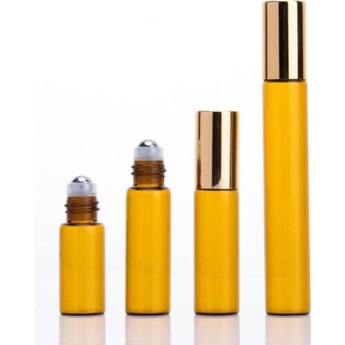 3ml 5ml 10ml Refillable Amber Roll On Perfume Glass Essential Oil Bottle With Steel Metal Roller ball