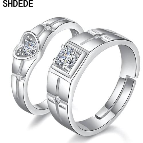 SHDEDE 925 Silver Couple Wedding Rings Set For Men And Women Korean Fashion Heart Adjustable Size Finger Rings -253
