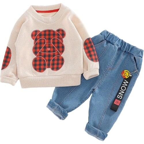 Babys spring new leisure suit Baby cartoon sweater jeans set Baby hipster casual suit Boy fashion suit