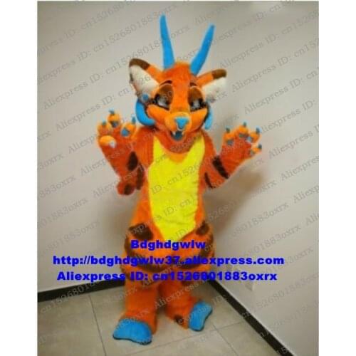 Orange Long Fur Furry Dragon Loong Fursuit Mascot Costume Adult Cartoon Character Suit Beauty Parlor People Wear Them zx2992