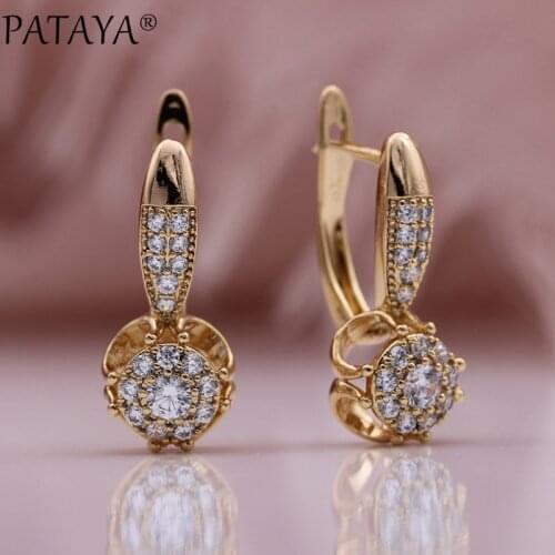 PATAYA New 585 Rose Gold Luxury Dangle Earrings Women Weeding Fashion Jewelry Round Natural Zircon Hollow Flower Long Earrings