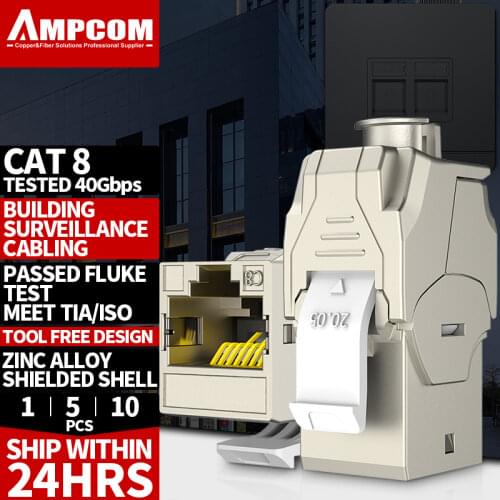 AMPCOM CAT8 Keystone Jack Connectors Network RJ45 Module Socket Full Shielded TOOLLESS Type 40G 550MHz/2000MHz PoE/PoE+100W