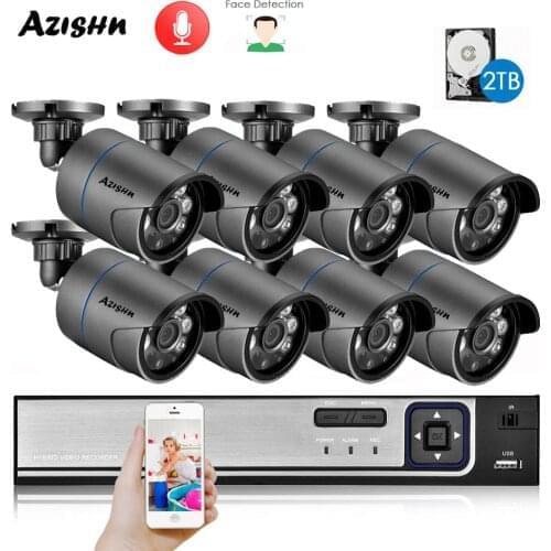 AZISHN H.265+ 8CH 4MP POE Security System NVR Kit 2560*1440 Audio IP Camera Outdoor Face Detect CCTV Video Surveillance NVR Set